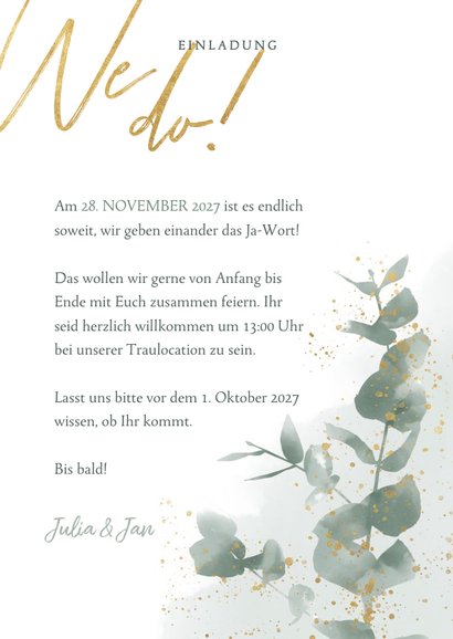 Einladungskarte zur Hochzeit Timline & Eukalyptus Gold 3