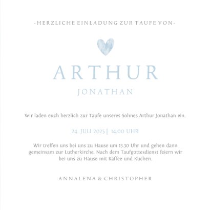 Einladungskarte zur Taufe Herz in Aquarell blau Foto innen 3