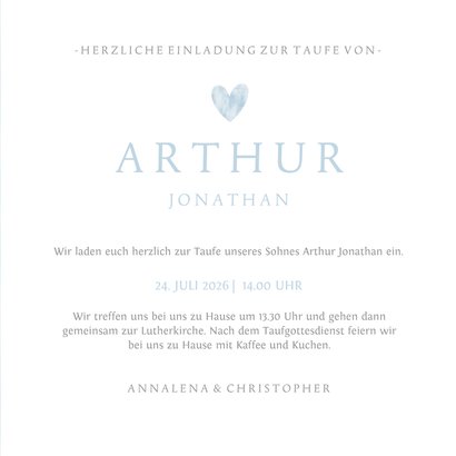 Einladungskarte zur Taufe in Aquarell blau Foto innen & Herz 3
