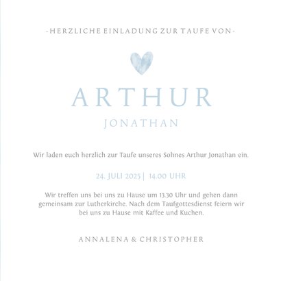 Einladungskarte zur Taufe in Aquarell blau Foto innen & Herz 3
