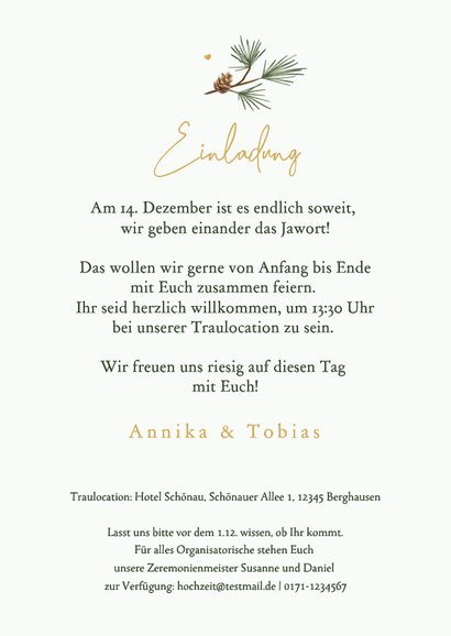 Einladungskarte zur Winter Hochzeit Tannenbäume 3