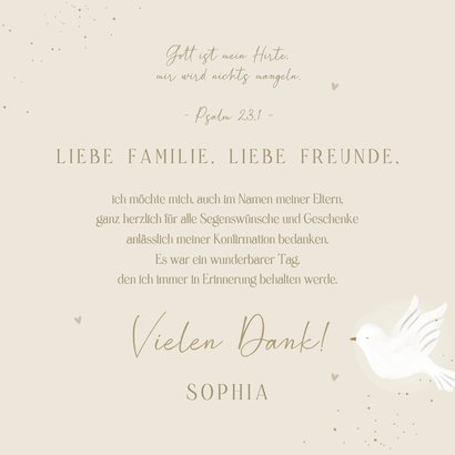 Foto-Dankeskarte Konfirmation weiße Taube auf Pastellbraun Rückseite