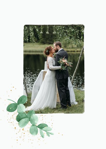 Foto-Dankeskarte zur Hochzeit Blattgrün & Text in Gold 2