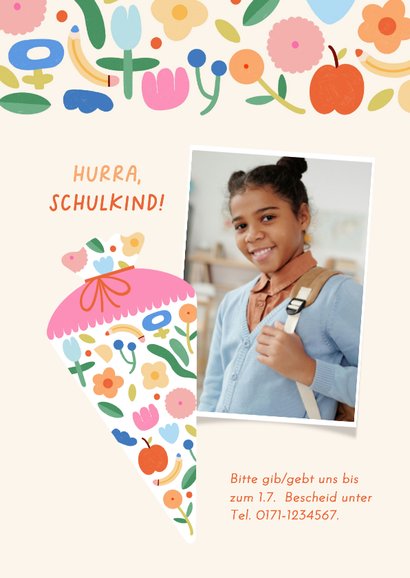 Foto-Einladung Einschulungsfeier buntes Blumenmuster 2