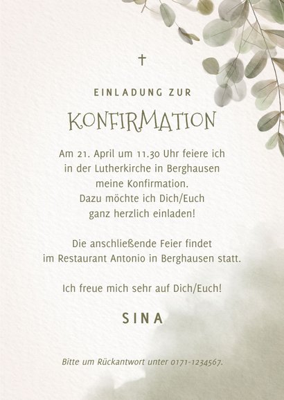 Foto-Einladung Konfirmation Eukalyptus Aquarell 3