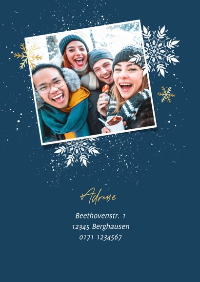 Foto-Einladung zur Winterparty Schneeflocken Blau mit Gold 2