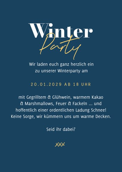 Foto-Einladung zur Winterparty Schneeflocken Blau mit Gold 3