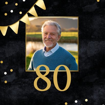 Foto-Einladungskarte 80. Geburtstag goldene Fähnchen 2