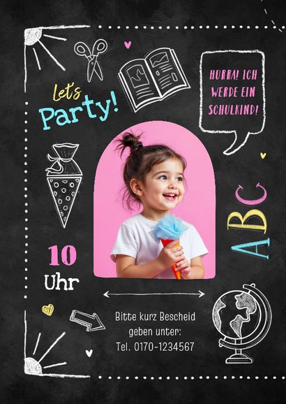 Foto-Einladungskarte Einschulung bunte Kreide-Doodles 2