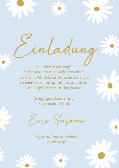 Foto-Einladungskarte Geburtstag weiße Blumen auf Hellblau  3