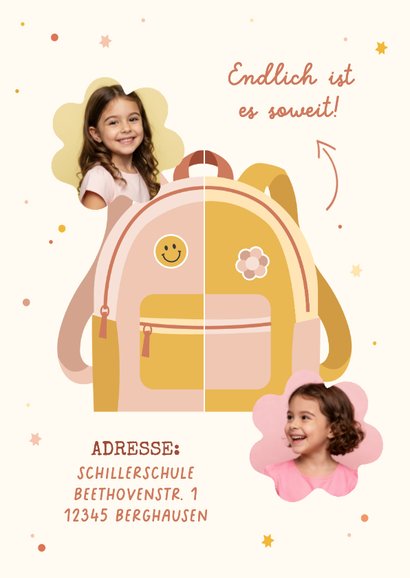 Foto-Einschulungskarte Zwilling rosa-gelber Rucksack 2