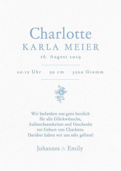 Foto-Geburtskarte blaue Rosen klassisch 3