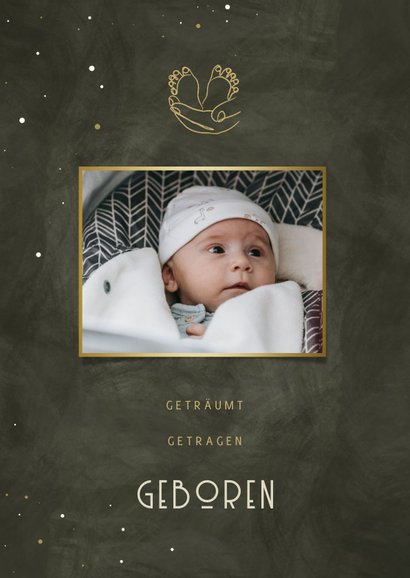 Foto-Geburtskarte Hand mit Füßchen olivgrün  2
