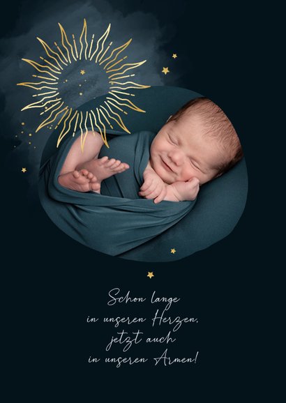 Foto-Geburtskarte nachtblau goldene Sonnen 2