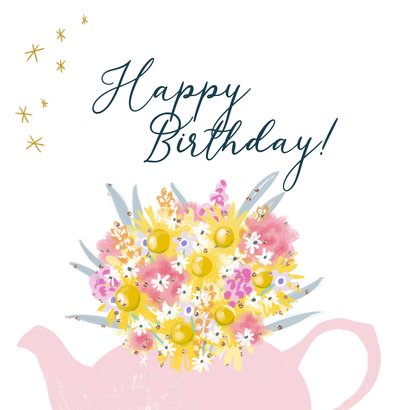 Foto-Geburtstagskarte Teekanne mit Blumenstrauß 2