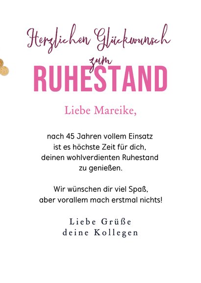 Foto-Glückwunsch zum Ruhestand rosa mit gold Konfetti 3