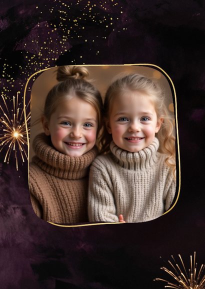 Foto-Neujahrskarte Lila Feuerwerk Goldrahmen 2