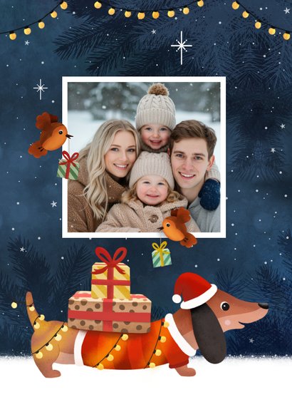 Foto-Weihnachtskarte Dackel Geschenke Lichterkette 2