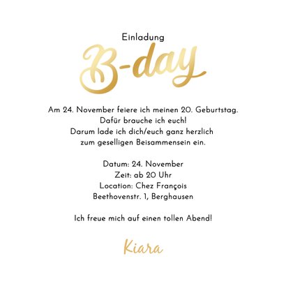 Fotocollage Geburtstagseinladung 'B-Day' 20. Geburtstag Rückseite