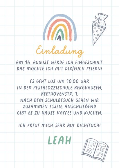 Fotokarte Einladung Einschulung Regenbogen & Doodles 3