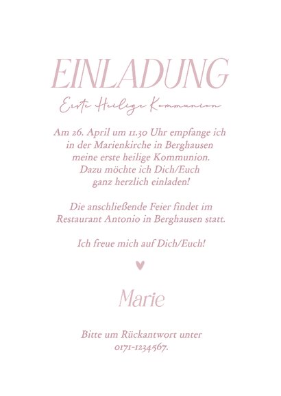 Fotokarte Einladung Kommunion rosa mit Rahmen 3
