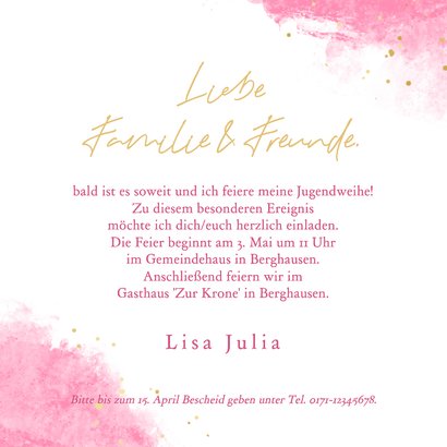 Fotokarte Einladung zur Jugendweihe rosa Aquarell 3