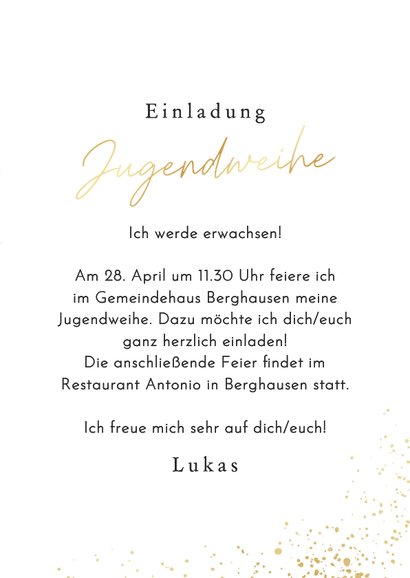 Fotokarte Jugendweihe Einladung Goldschrift & Sprenkel 3
