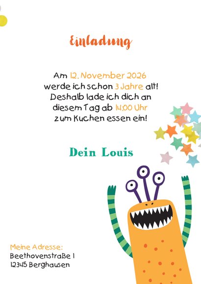 Fröhliche Monstereinladung zum 3. Kindergeburtstag 3