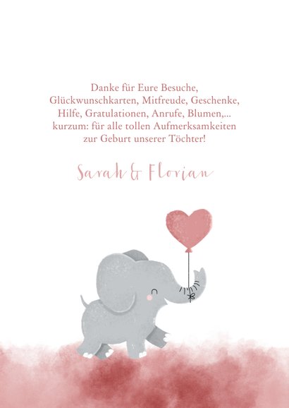 Geburts-Danksagung Zwilling Fotos & rosa Elefant 2