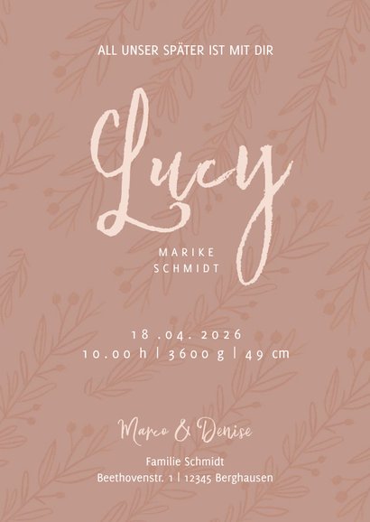 Geburtskarte eigenes Foto altrosa Zweige 3