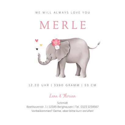 Geburtskarte Elefant mit Herzchen rosa Foto innen 3