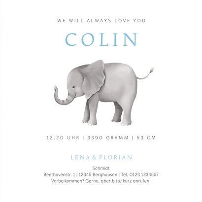 Geburtskarte Elefant mit Luftballon blau Foto innen 3