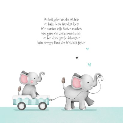 Geburtskarte Elefanten kleiner Bruder in Wagen 2