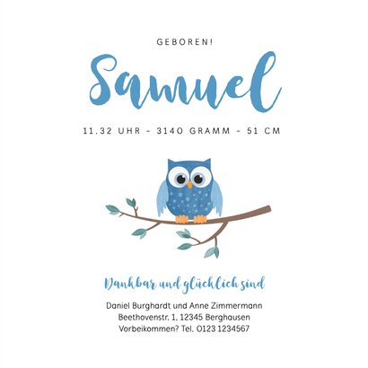 Geburtskarte Eule blau 3
