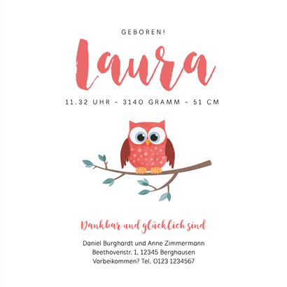 Geburtskarte Eule pink 3