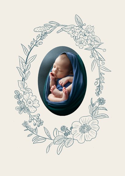 Geburtskarte Foto in Blumenkranz blau 2