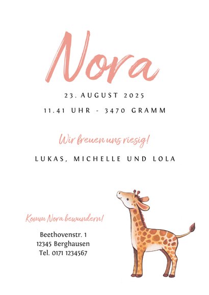 Geburtskarte Giraffen-Geschwister rosé Foto innen 3