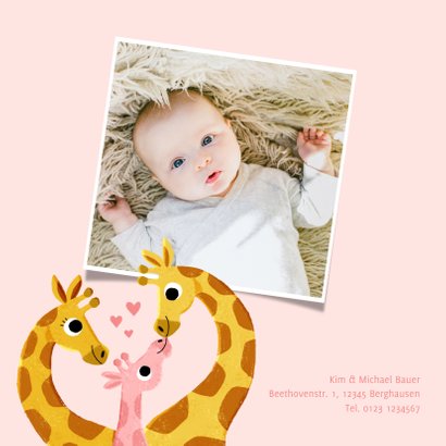 Geburtskarte Giraffenfamilie rosa und Foto innen 2
