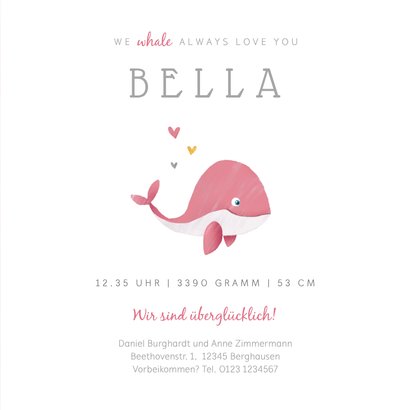 Geburtskarte kleiner Wal Foto rosa innen 3