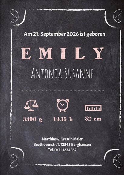 Geburtskarte Kreidetafel mit Foto rosa 3