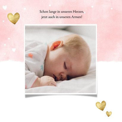 Geburtskarte mit Fotos Auqarelloptik mit Herzen rosa 2
