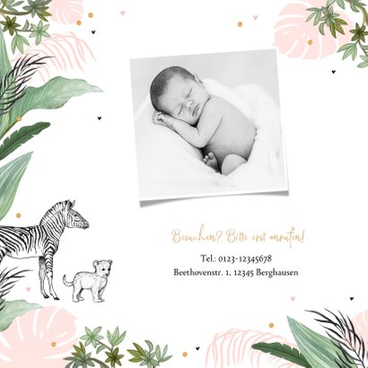 Geburtskarte rosa Dschungel Tiere und Konfetti 2