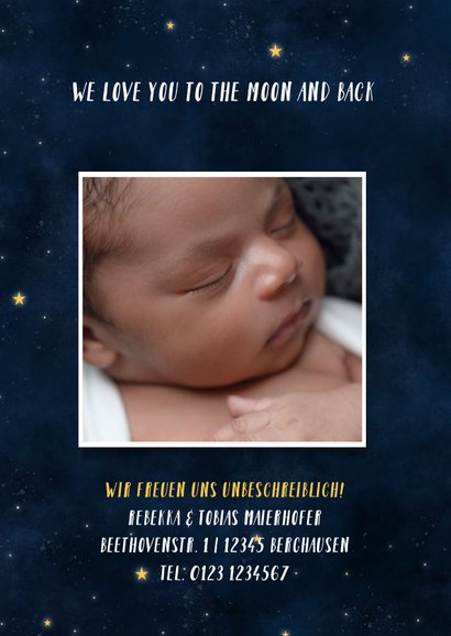 Geburtskarte Sternenhimmel mit Foto und Herz 2