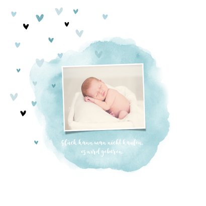 Geburtskarte Wasserfarbe & Herzen blau Foto innen 2