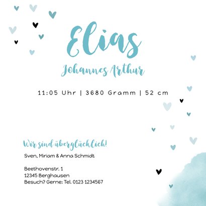 Geburtskarte Wasserfarbe & Herzen blau Foto innen 3