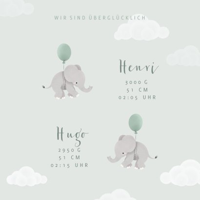 Geburtskarte Zwilling Elefanten, Luftballons & Wolken 3