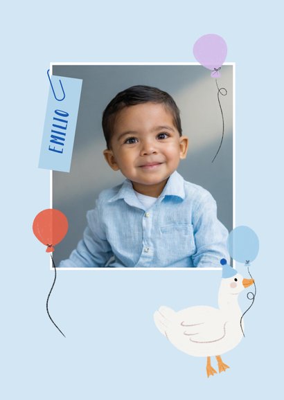 Geburtstagskarte hellblau Gänse mit Luftballons & Foto 2
