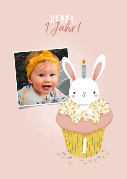 Geburtstagskarte Mädchen 1 Jahr Cupcake & Kaninchen 2