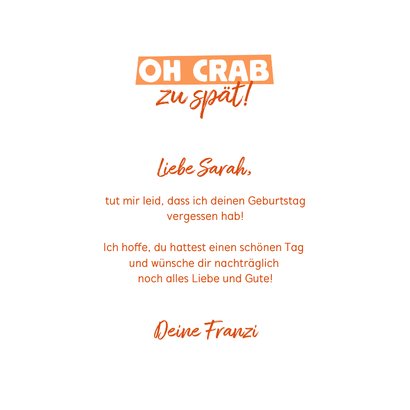 Geburtstagskarte 'Oh Crab' nachträgliche Glückwünsche 3