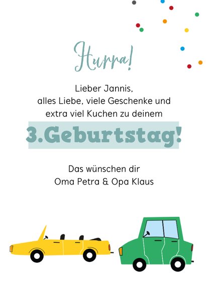 Glückwunschkarte 3. Geburtstag bunte Fahrzeuge 3